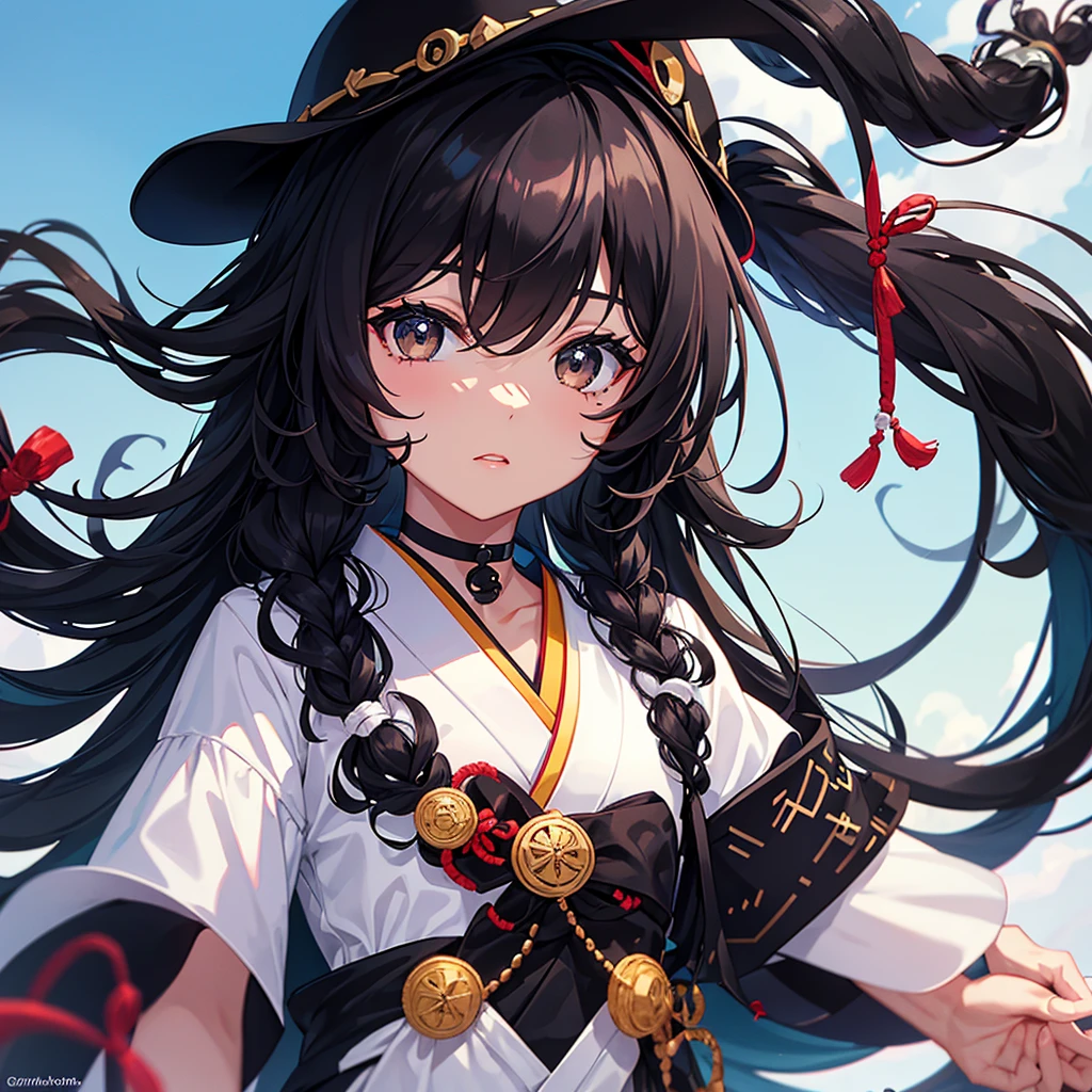 Creates a girl with black and curly hair, black skin, black eyes and the name Mayza wearing a Japanese outfit
