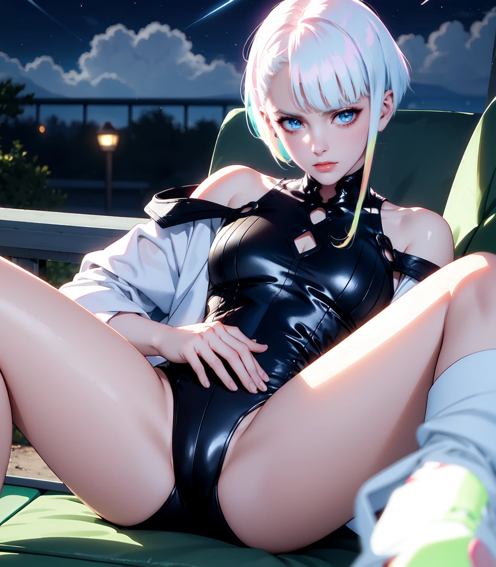 Masterpiece, best quality, 16k resolution, NVIDIA RTX Ray Tracing technology, Create a 4K resolution, ultra-realistic, and extremely detailed artwork, award winning, retina, soft light, sharp focus.(hyper-realistic:1.4), (Night, night time:1.4), from above
cyberpunklucy, lucy, short hair, bangs, blue eyes, blue hair, multicolored hair, makeup, (multicolored eyes:1.3), smile, standing, raise one leg
BREAK bare hips, bodysuit, leotard, monowire, off shoulder, off-shoulder open clothes, MIDRIFF
BREAK outdoors, city, moon, night, sky, clouds,
sexy, Sexy, smooth perfect skin, smooth_skin
Beautiful、(red blush)、Sexy
FULL BODY SHOT, ultra wide angle, textured skin, face detail, clean skin, perfect hands, perfect anatomy, anatomically correct,
(Realistic park:1.3)