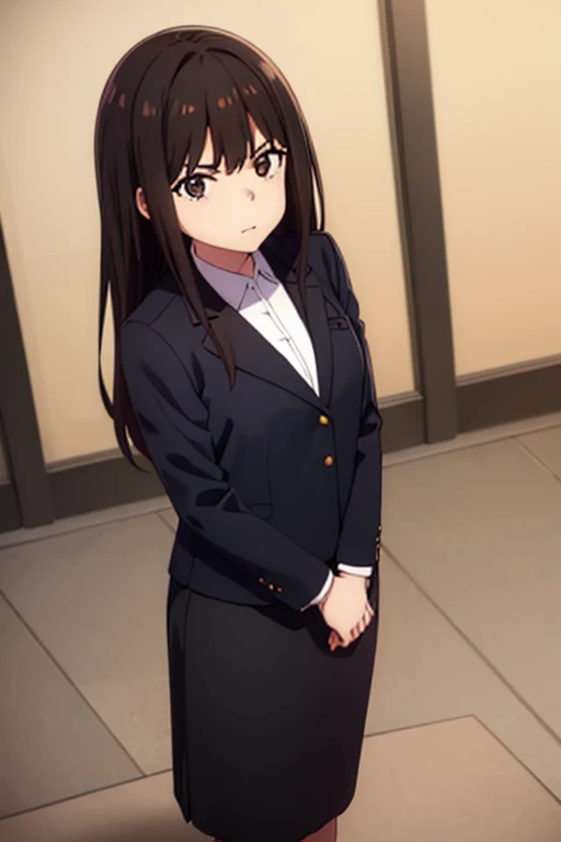 1girl, takina inoue, suit, office lady, black skirt, black blazer, pencil skirt, white shirt, collared shirt, long hair, teenager, looking at viewer, full body,