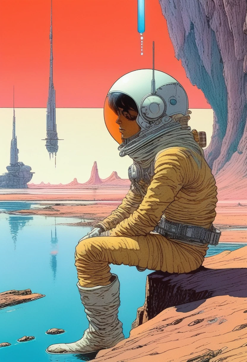 Mobis (Jean Giraud) Style - A picture by Jean Giraud Mobis, The picture shows an interstellar explorer resting by the water., 巨大的白色骨骼背景western backdrop in Mobis' signature style with sharp detailing and vibrant colors. Shot with Panavision Panaflex Gold II and Ultra Panavision 70 lenses, The image is full of film grain and low-key lighting,It creates a mysterious and tense atmosphere.