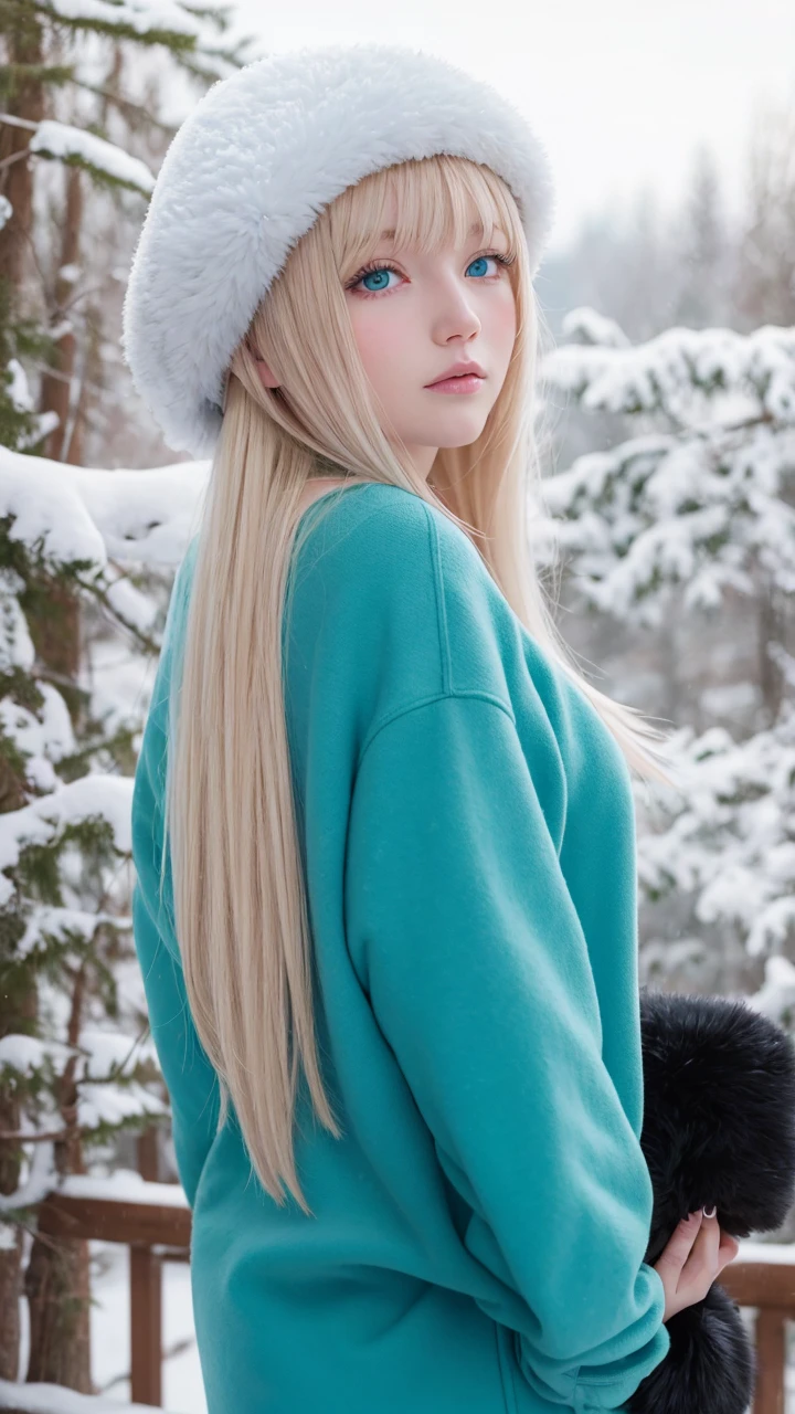 Pale blonde girl with bangs and crystal clear blue eyes, taking photo in the snowing snow with a soviet ushanka and with white sweatshirt and green pants holding his white cat