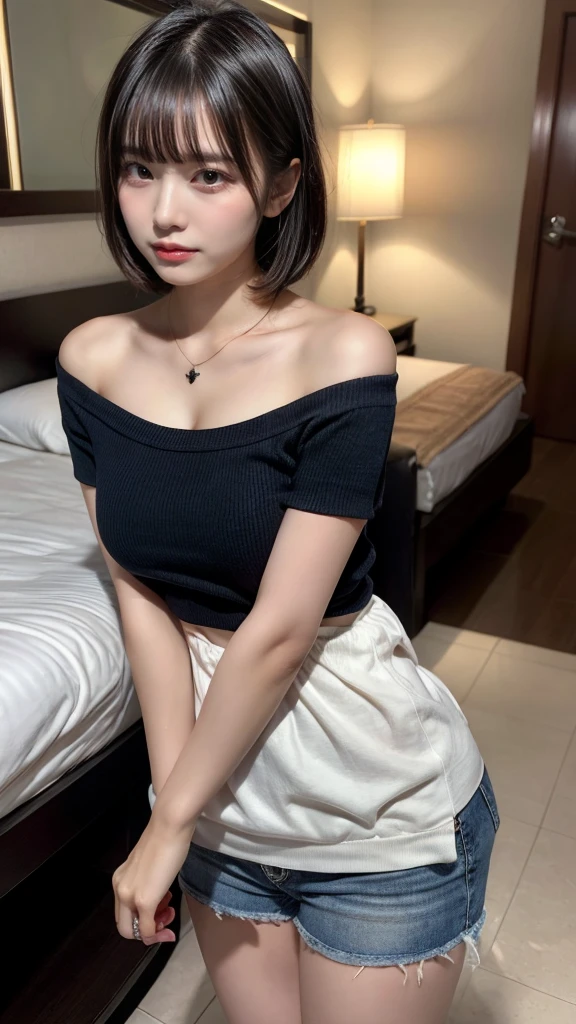 masterpiece, best quality, illustration, Super detailed, fine details, High resolution, 8K,wall paper, perfect dynamic composition,(Details High quality, realistic depiction of eyes:1.3), hotel room, Off-shoulder t-shirt and denim mini shorts, necklace, short bob hair, black hair color, Big Natural Color Lip, sexy pose, (perfect body shape), crying a little、Harajuku style、20 year old girl、cute type、hposing Gravure Idol, full body photo、focus on crotch, medium breasts