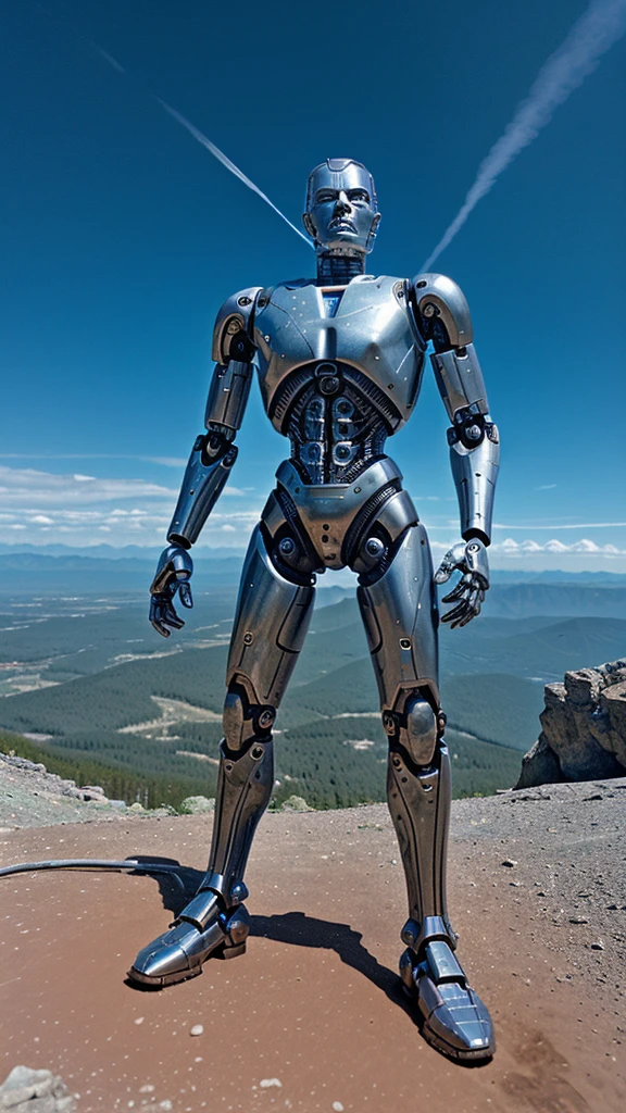 A human with robotic limbs resembling a terminator with a whip in his hand on top of a mountain thinking of conquering the world 