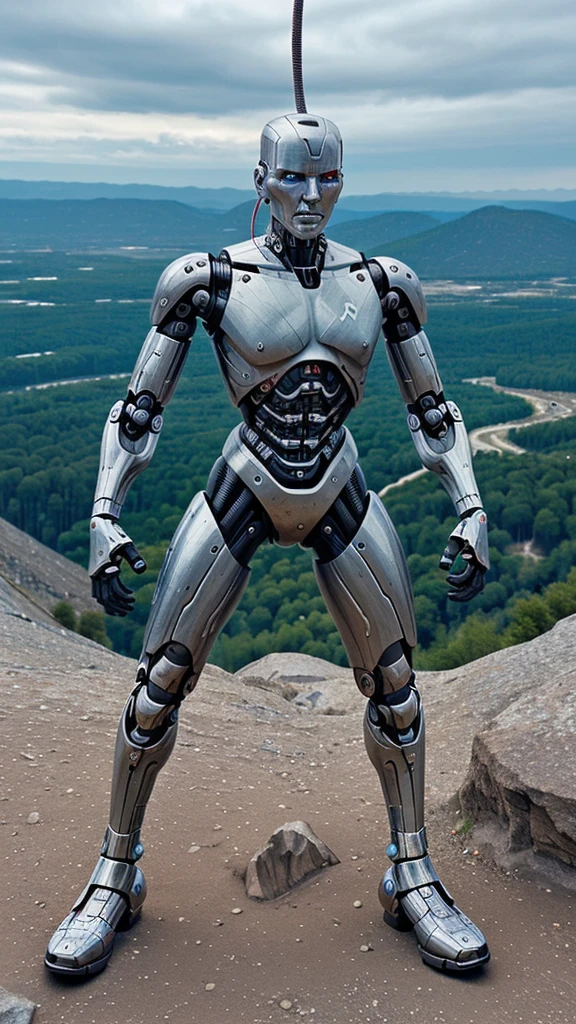 A human with robotic limbs resembling a terminator with a whip in his hand on top of a mountain thinking of conquering the world 