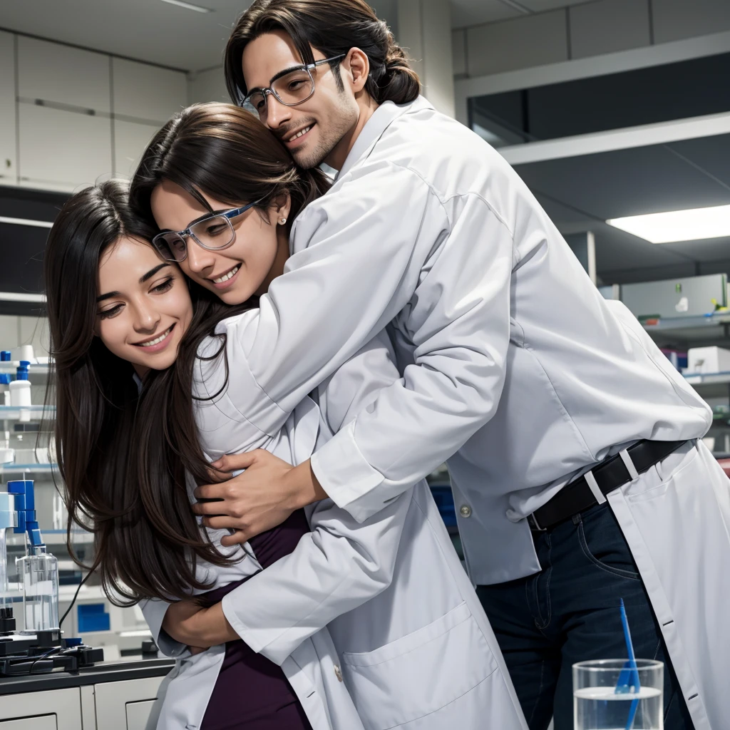 Male and female Scientists in lab are happy and jumping hugging each other as they achieve success