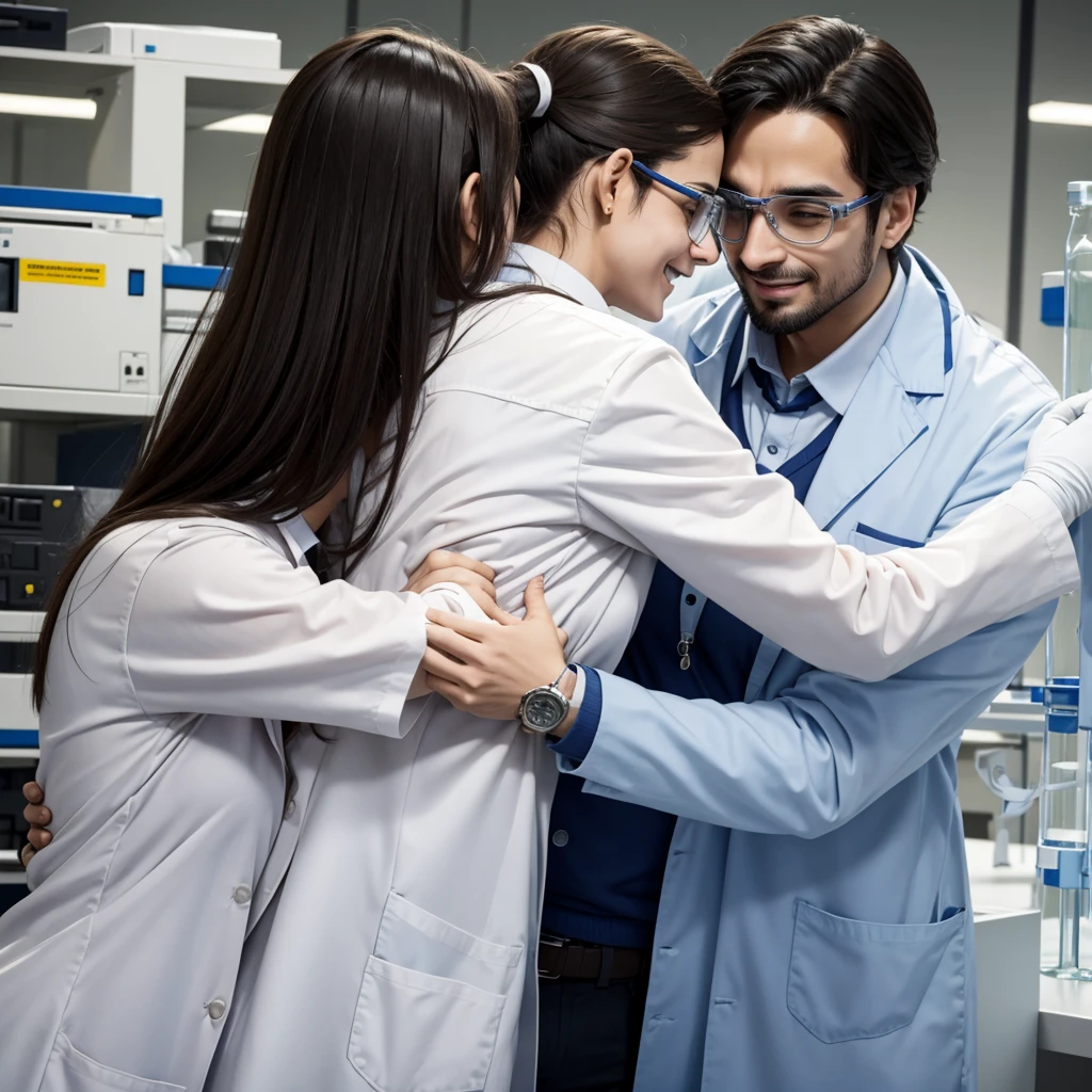 Male and female Scientists in lab are happy and jumping hugging each other as they achieve success