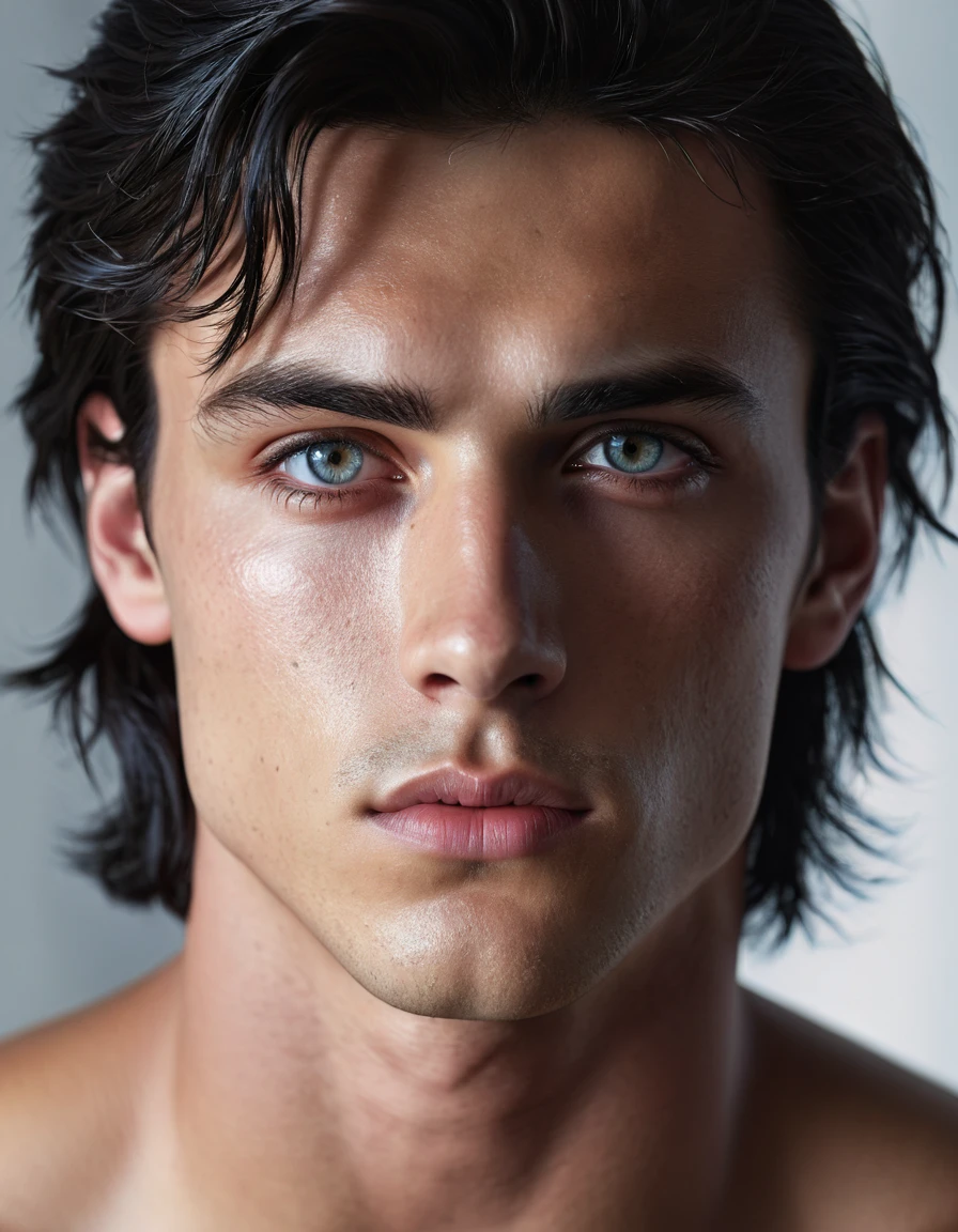1 tall, muscular boy, thin face, heterochromia, left eye is white, right eye is dark brown, long black hair, scar from forehead through white eye to cheek, full lips, detailed portrait, hyper-realistic, cinematic lighting, dramatic shadows, striking colors, (best quality,4k,8k,highres,masterpiece:1.2),ultra-detailed,(realistic,photorealistic,photo-realistic:1.37)