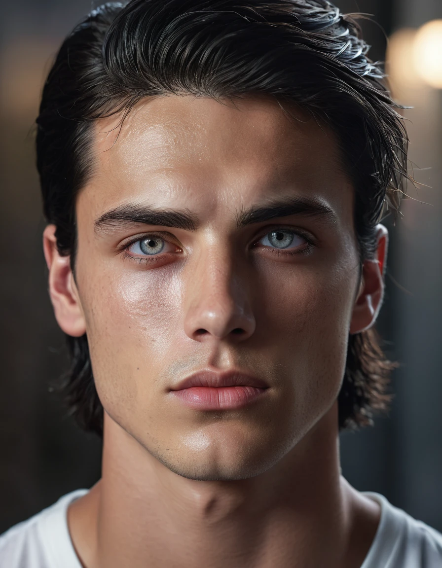1 tall, muscular boy, thin face, heterochromia, left eye is white, right eye is dark brown, long black hair, scar from forehead through white eye to cheek, full lips, detailed portrait, hyper-realistic, cinematic lighting, dramatic shadows, striking colors, (best quality,4k,8k,highres,masterpiece:1.2),ultra-detailed,(realistic,photorealistic,photo-realistic:1.37)