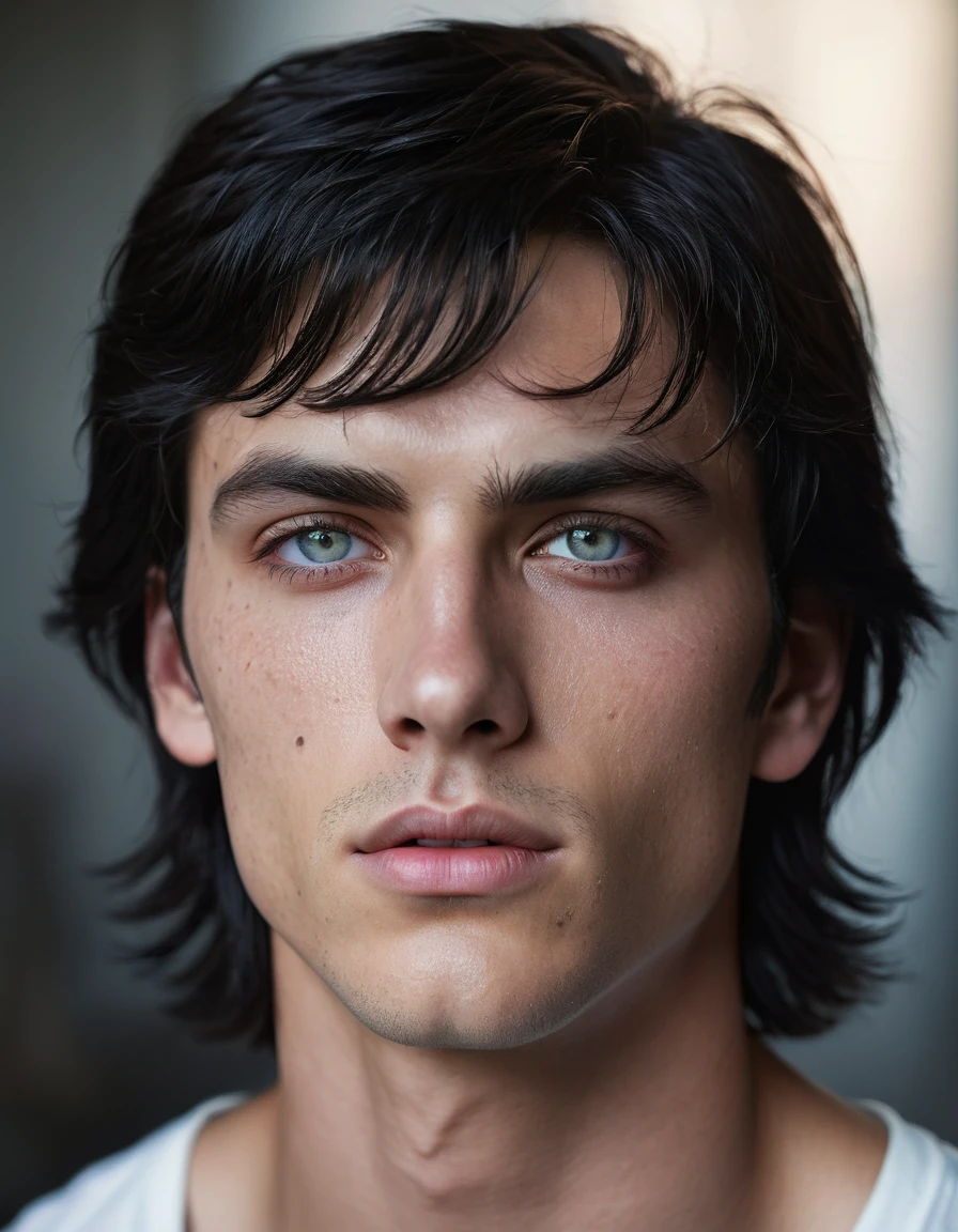 1 tall, muscular boy, thin face, heterochromia, left eye is white, right eye is dark brown, long black hair, scar from forehead through white eye to cheek, full lips, detailed portrait, hyper-realistic, cinematic lighting, dramatic shadows, striking colors, (best quality,4k,8k,highres,masterpiece:1.2),ultra-detailed,(realistic,photorealistic,photo-realistic:1.37)