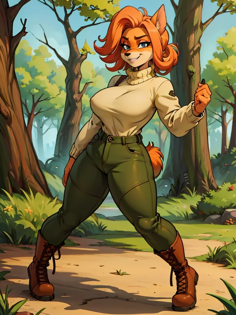 Cozy autumn atmosphere, , the forest, autumn , Girl in  redhead, sweater, camouflage trousers, army boots, furry anthro bandicoot, seductive facial expression wide grin , hands to pants, dynamic pose,