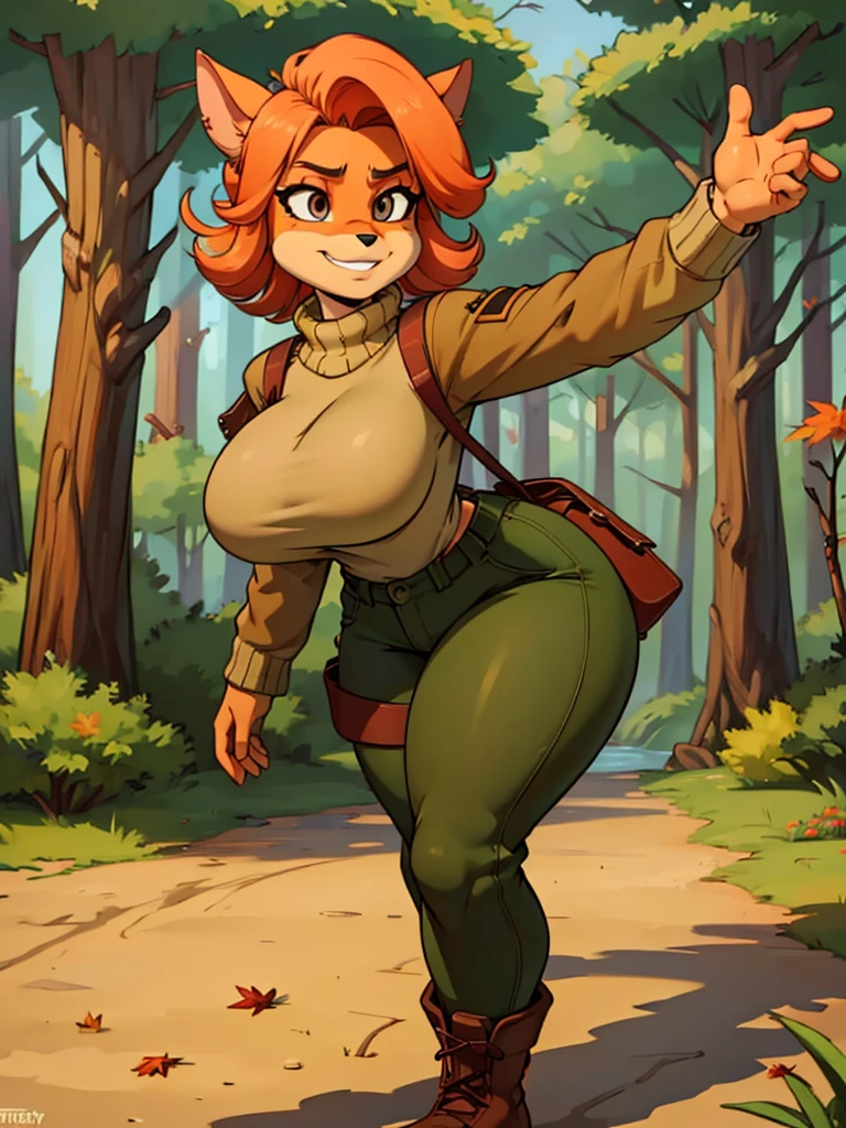 Cozy autumn atmosphere, , the forest, autumn , Girl in redhead, sweater, camouflage trousers, army boots, furry anthro bandicoot, seductive facial expression wide grin , hands to pants, dynamic pose,