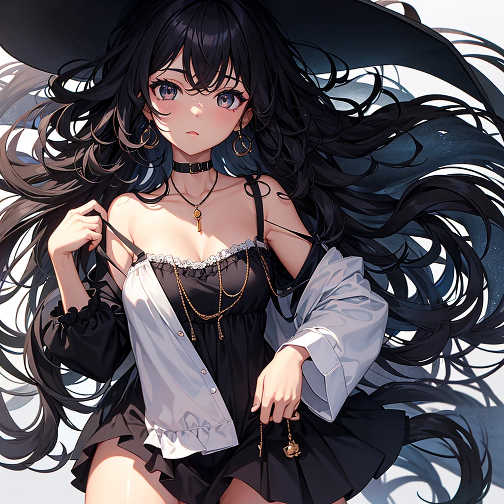 best quality, Ultra high resolution, 1girl, pale skin, vestido preto sem mangas compridas, barriga, gargantilha preta, assustador, (Kpop idol), (sal aegyo:1), (cabelos pretos:1), ((olhos inchados) ), Olhando para o Viewer, corpo inteiro, frente, black hat, anorexic, magro, muito magro, death