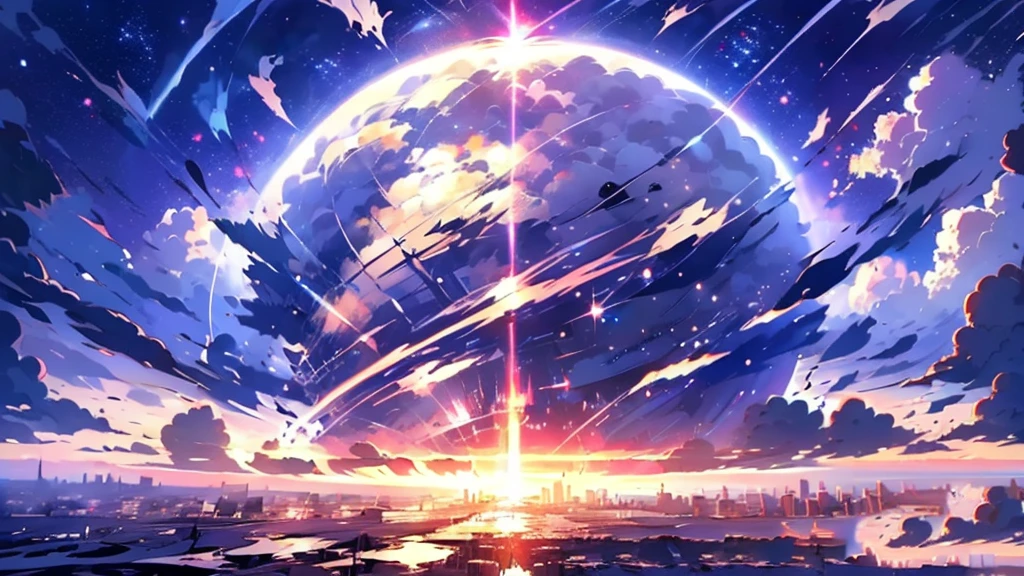 anime - style scene of a beautiful sky with a star and a planet, on a abandoned city on the sea,cosmic skies. by makoto shinkai, anime art wallpaper 4k, anime art wallpaper 4 k, anime art wallpaper 8 k, anime wallpaper 4k, anime wallpaper 4 k, 4k anime wallpaper, anime sky, amazing wallpaper, anime background, heaven planet in background, anime background art
