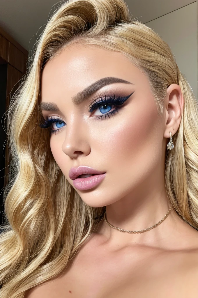 avatar, bimbo 18 years old, sexy face, detailed face, Symmetrical Face, narrow face, pretty face, bright makeup, narrow cheekbones, big Blue eyes, lust in the eyes, sunken cheeks, big eyelashes, big plump lips, sexy lips, ashy blonde, curly long hair, lustful look, looking at you to fuck,крохотный Nose, Nose, узкий Nose,