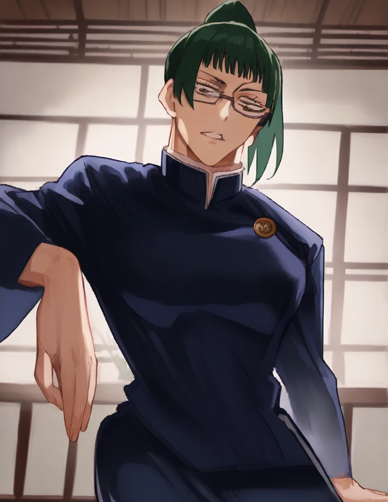 score_9, score_8_up, score_7_up, source_anime,
MakiZenin, Maki Zenin, green ponytail hair, glasses, yellow eyes,
blue tight skirt, blue tight jacket, jujutsu kaisen uniform,
indoors, dojo, seductive pose,
solo, looking at viewer,