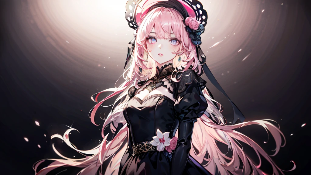 meticulous portrayal of face,1 noblewoman,a matural female,Black dress long dress,(Pink White Long Hair),(dark night background+),Prom,Court etiquette, s the perfect face, Perfect lips, perfect eyes, Perfect background