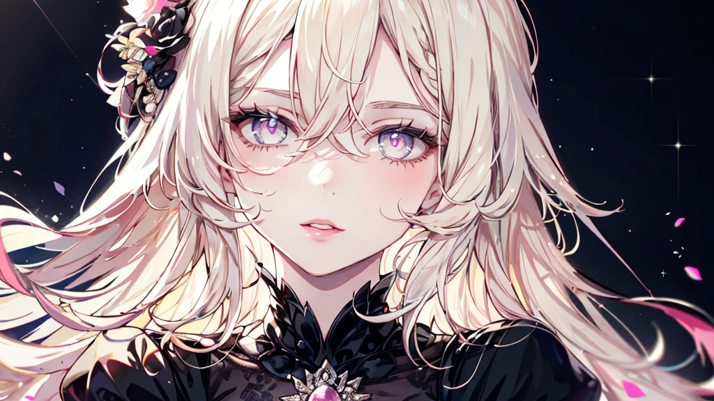 meticulous portrayal of face,1 noblewoman,a matural female,Black dress long dress,(Pink White Long Hair),(dark night background+),Prom,Court etiquette, s the perfect face, Perfect lips, perfect eyes, Perfect background