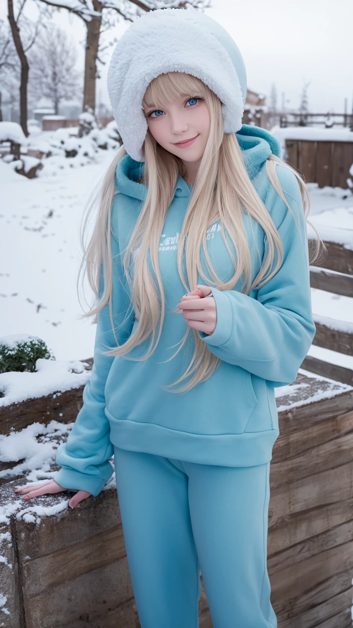 Pale blonde girl with bangs and crystal clear blue eyes, taking a photo in the snow with a Soviet ushanka and a white sweatshirt and green pants smiling holding the snow