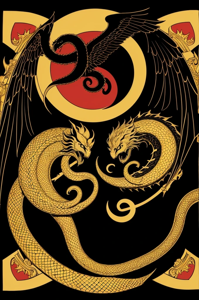 Nietzschean flag with a rising sun in the middle and a serpent devouring its own tail on a black background and a golden sun
