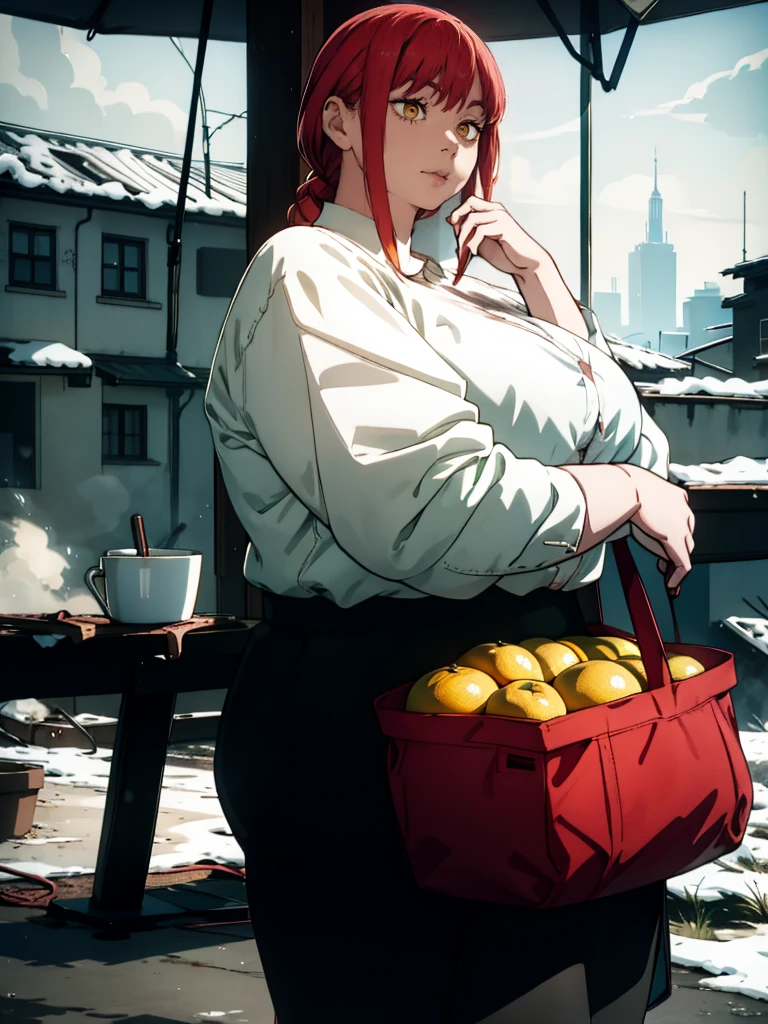 Le personnage Makima de la série animée Chainsaw Man, fragile, obésité morbide, ssbbw, pleine longueur (corps entier 1.1.), fond sombre, obscurité, anatomie correcte 1.1, anatomie correcte de la main, Très féminin, corps gras et rond, grosses Jambes, fesses, beau corps obèse, ventre rond et mou très gras, cheveux roux, Yeux oranges, Cercles rouges pour les écoliers, chemise blanche, jupe noire, cravate noire, pose sexy, réaliste, very détaillé, beau corps, détaillé body, détaillé hands, détaillé, vibrant, détaillé Face, Conception des personnages de Makima. very détaillé, détaillé body, détaillé hands, détaillé Face, Art animé, Hugh Détails, Visage très abattu, détaillé eyes, Illustration ultra fine, Meilleure ombre, détail fin, beautiful détaillé glow, beautiful détaillé, Extraordinairement beau, extremely détaillé, inexpressif, composition épique, Style animé. art animé, Style animé. Jupe noire, chemise blanche, cravatte, pose sexy