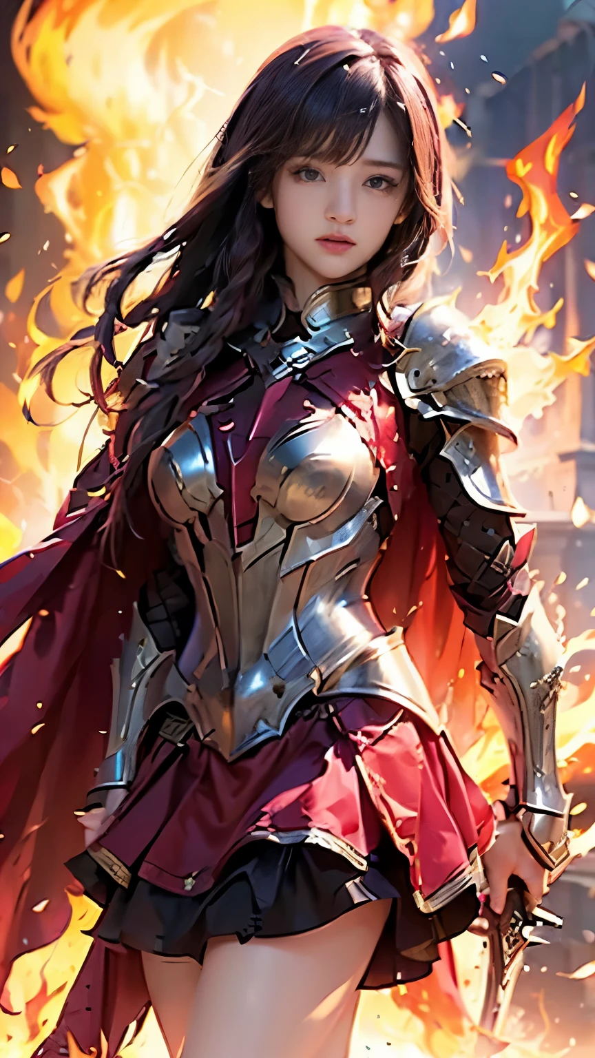 Very beautiful woman、Slender women、(Detailed face)、Realistic Skin、((Knight of Fire)), (((Red Armor:1.25)))、((((Black armor with very fine and intricate decoration))))、((Delicate photo))，(Girl Astepeace RAW Photo Details:1.25), (highest quality:1.6), (超A high resolution:1.5), (Realistic:1.75), 8K resolution, Canon EOS R5, 50mm, Absurd, Ultra-detailed,Cinema Lighting,Battlefields of Medieval Europe、((battle))、RPG World、Final Fantasy、(((Embellished skirt)))、Thigh-high socks、Shin Guards、night、((too long bangs))、((One long thick dark red hair braid))、Get six-pack、Torn Cloak、Beautiful Armor、(((Giant Sword)))、In combat、The wind is blowing、(((Inferno filling the entire area)))、(((Leading a large group of red knights)))、(((Knight Commander)))、Armor with a Phoenix motif、Old scar on right cheek:1.2、((Fire blaze))、(((Battle Scene)))