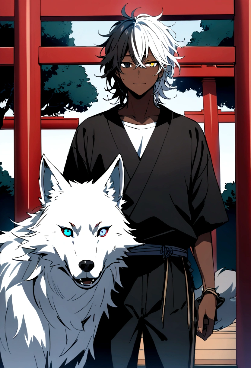 white  shirt, wearing a black sweatshirt with silver details , white tennis shoes with black details, black jeans, yellow and black eyes heterochromia, light smile expression, Messy hair ,, 1 men ,Medium length hair multicolored black and white hair ( focus on hair containing only two colors black and white) , two tone hair , dark skin color(focus on dark skin 1.1), in a western setting , with a torii (traditional japanese gate) in front of you, on his side he has a wolf , with messy white fur, blue colored eyes