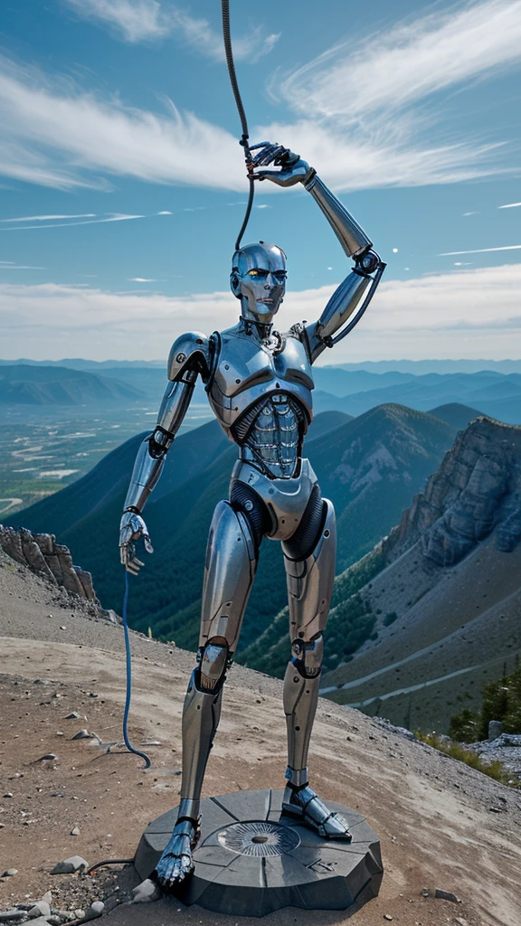 A human with a robotic arm and legs resembling a terminator with a whip in his hand on top of a mountain thinking of conquering the world