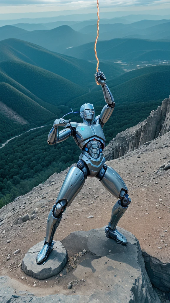 A human with a robotic arm and legs resembling a terminator with a whip in his hand on top of a mountain thinking of conquering the world