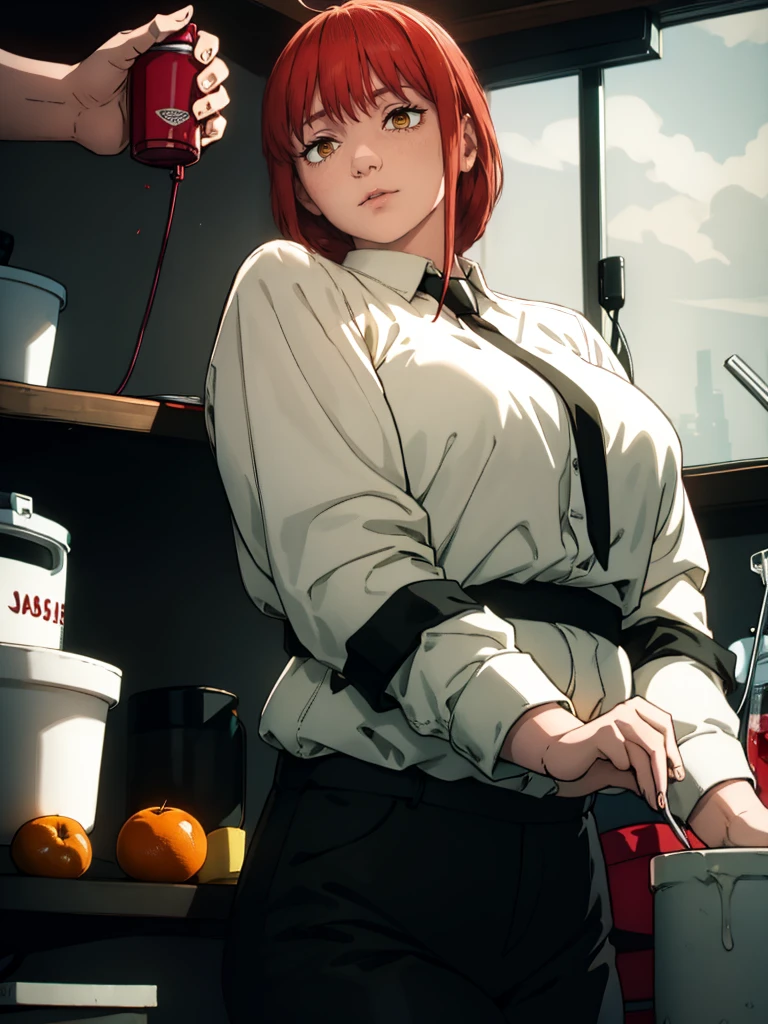 Le personnage Makima de la série animée Chainsaw Man, fragile, obésité morbide, ssbbw, pleine longueur (corps entier 1.1.), fond sombre, obscurité, anatomie correcte 1.1, anatomie correcte de la main, Très féminin, corps gras et rond, grosses Jambes, fesses, beau corps obèse, ventre rond et mou très gras visible, ventre énorme et gras, tres grosse, obésité, cheveux roux, Yeux oranges, Cercles rouges pour les écoliers, chemise blanche, jupe noire, cravate noire, pose sexy, réaliste, very détaillé, beau corps, détaillé body, détaillé hands, détaillé, vibrant, détaillé Face, Conception des personnages de Makima. very détaillé, détaillé body, détaillé hands, détaillé Face, Art animé, Hugh Détails, Visage très abattu, détaillé eyes, Illustration ultra fine, Meilleure ombre, détail fin, beautiful détaillé glow, beautiful détaillé, Extraordinairement beau, extremely détaillé, inexpressif, composition épique, Style animé. art animé, Style animé. Jupe noire, chemise blanche, cravatte, pose sexy