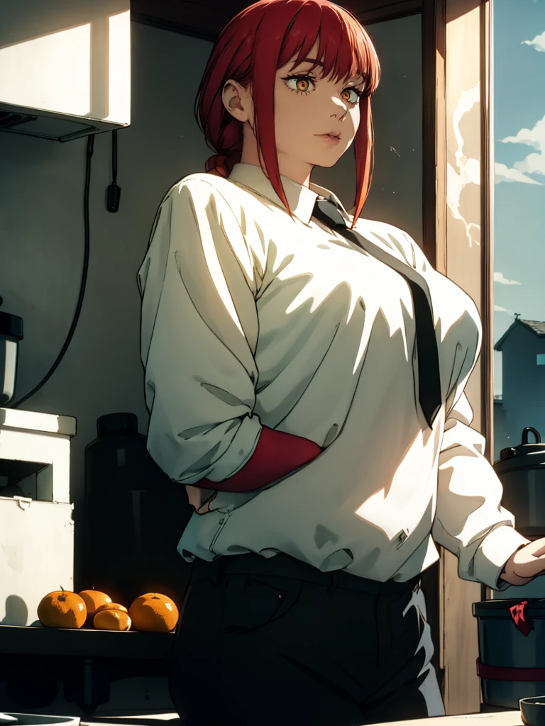 Le personnage Makima de la série animée Chainsaw Man, fragile, obésité morbide, ssbbw, pleine longueur (corps entier 1.1.), fond sombre, obscurité, anatomie correcte 1.1, anatomie correcte de la main, Très féminin, corps gras et rond, grosses Jambes, fesses, beau corps obèse, ventre rond et mou très gras, cheveux roux, Yeux oranges, Cercles rouges pour les écoliers, chemise blanche, jupe noire, cravate noire, pose sexy, réaliste, very détaillé, beau corps, détaillé body, détaillé hands, détaillé, vibrant, détaillé Face, Conception des personnages de Makima. very détaillé, détaillé body, détaillé hands, détaillé Face, Art animé, Hugh Détails, Visage très abattu, détaillé eyes, Illustration ultra fine, Meilleure ombre, détail fin, beautiful détaillé glow, beautiful détaillé, Extraordinairement beau, extremely détaillé, inexpressif, composition épique, Style animé. art animé, Style animé. Jupe noire, chemise blanche, cravatte, pose sexy