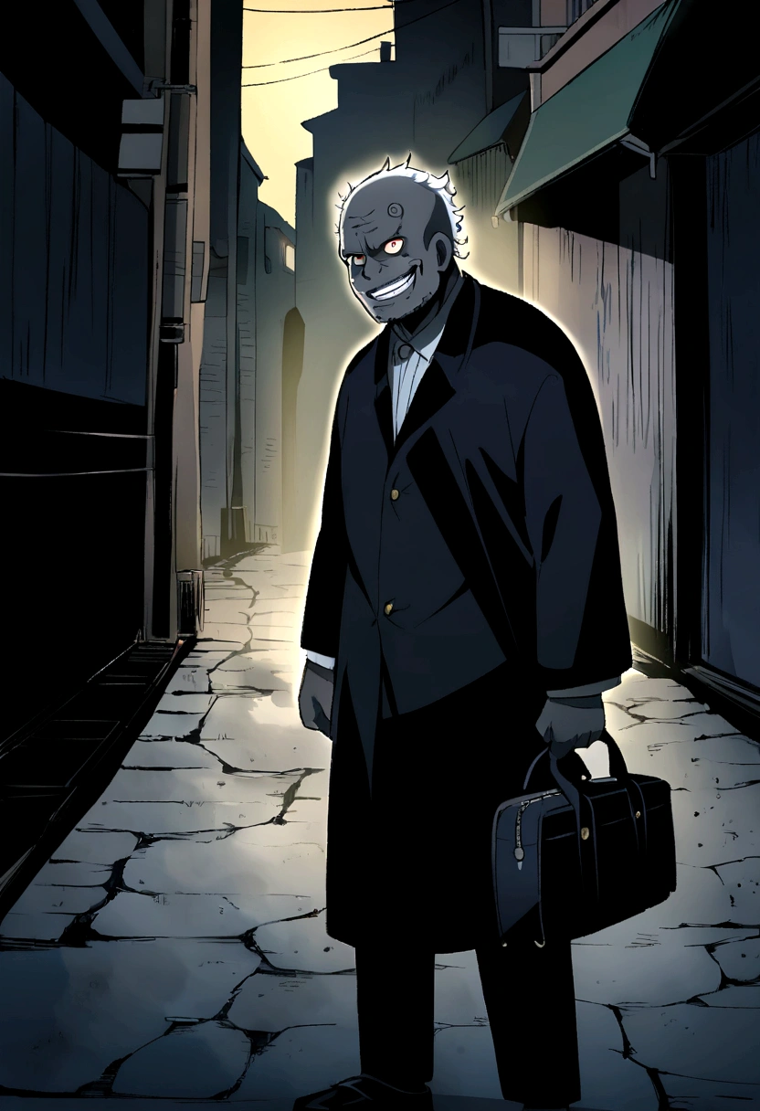 a strange man, man with scary smile, holding a black bag, dim light, dirty street, anime style draw