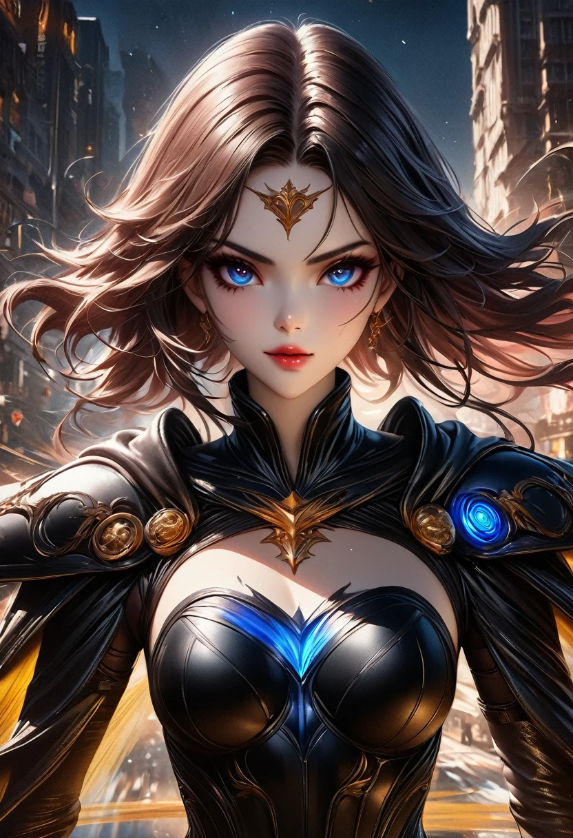 Super Girl, Over the city, Ready to fight, Detailed artistic photography, Beautiful and delicate face, Dreamy, glowing, Backlight, charm, glow, shadow, Oil on canvas, Brushstrokes, Soft, Ultra HD, 8K, Unreal Engine 5, Super sharp focus, Atjem, Loish, Science Fiction, complex art masterpiece, threaten, Matte paint poster, Golden Ratio, cgsociety Trends, complex, epic, Very detailed, Energetic, Creating a character render, High quality model