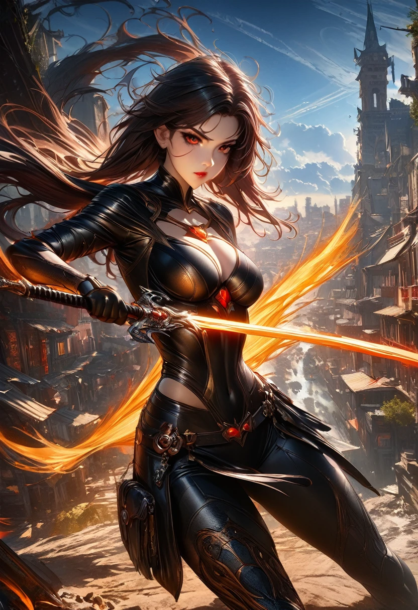 Super Girl, Over the city, Ready to fight, Detailed artistic photography, Beautiful and delicate face, Dreamy, glowing, Backlight, charm, glow, shadow, Oil on canvas, Brushstrokes, Soft, Ultra HD, 8K, Unreal Engine 5, Super sharp focus, Atjem, Loish, Science Fiction, complex art masterpiece, threaten, Matte paint poster, Golden Ratio, cgsociety Trends, complex, epic, Very detailed, Energetic, Creating a character render, High quality model