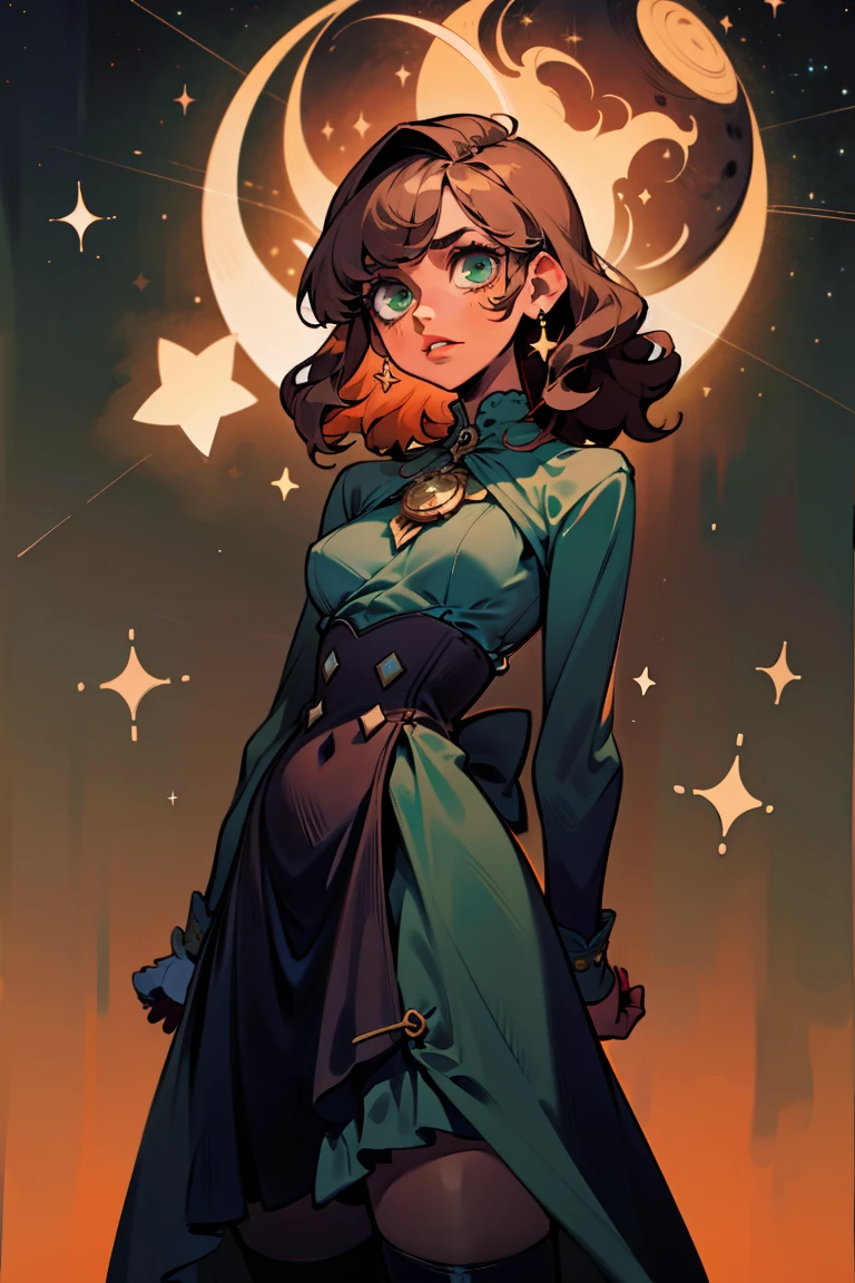 masterpiece, absurdres, 1girl, cowboyshot, tachi-e, mature woman, best aesthetics, medium breasts, wide hips, thick thighs, dark brown hair, curly hair, textured hair, hip-length hair, narrow eyes, dark skin, ankle-length dress, arched nose, soft shading, very detailed face, clean lines, dynamic pose, anatomically correct, hyperdetailed, beautiful lighting, dark atmosphere, dark eyeshadow, good makeup, detailed hair, green eyes, sparkling eyes, telescope, magic, fantasy, medieval, high fantasy, black stockings, comfy, cozy, tareme, medium chest, SFW, long dress, arms behind back, outdoors, constellations in sky, stargazing, african