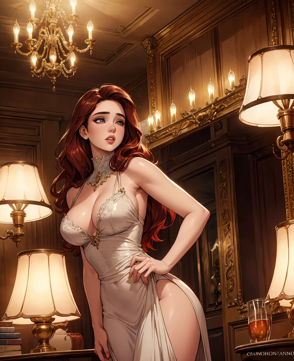 a redheaded woman, Jennifer Connelly, beautiful detailed eyes, beautiful detailed lips, extremely detailed eyes and face, long eyelashes, sensual, y pose, elegant dress, detailed clothing, luxurious interior, chandelier, high quality, 8k, photorealistic, cinematic lighting, dramatic colors, chiaroscuro lighting, dramatic atmosphere, fantasy art style