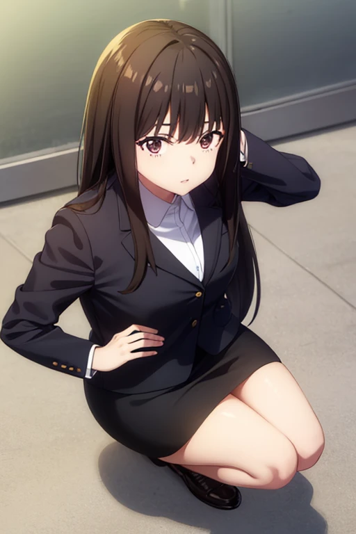 1girl, takina inoue, suit, office lady, black skirt, black blazer, pencil skirt, white shirt, collared shirt, long hair, teenager, looking at viewer, full body,