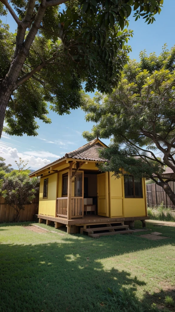 Yellow oitao wooden house with grass and açaí trees
