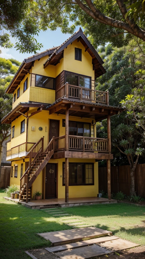Yellow oitao wooden house with grass and açaí trees