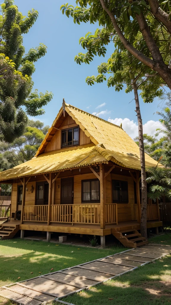 Yellow oitao wooden house with grass and açaí trees
