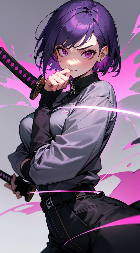 Top Quality, 8K, 4K, High Definition, Detail, (better-quality, 8K, 12), top-quality, 1 girl、only showing her face, she has purple hair, wearing a yellow pin on her right side of her hair, she has her hands together, she looking at you, she is smiling at you, medium breast, her jacket color dark gray with a pink zipper, pink eyes, showing her face and chesat, short hair long as her neck, (only showing half of her body) her jacket is loose. she is wearing earing only right ear shaped has a heart, (she holding katana) katana facing down, (katana is covering half of her face,) katana attach to her, katana on right side of her wrist, she mad, green ghost effect comeing off, 
