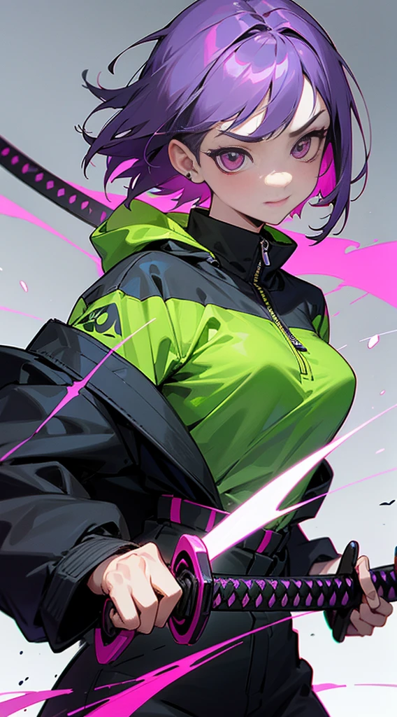 Top Quality, 8K, 4K, High Definition, Detail, (better-quality, 8K, 12), top-quality, 1 girl、only showing her face, she has purple hair, wearing a yellow pin on her right side of her hair, she has her hands together, she looking at you, she is smiling at you, medium breast, her jacket color dark gray with a pink zipper, pink eyes, showing her face and chesat, short hair long as her neck, (only showing half of her body) her jacket is loose. she is wearing earing only right ear shaped has a heart, (she holding katana) katana facing down, (katana is covering half of her face,) katana attach to her, katana on right side of her wrist, she mad, green ghost effect comeing off,
