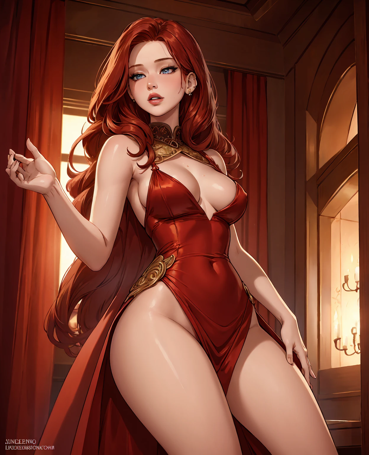 a beautiful redhead girl, Jennifer Lawrence, intricate detailed face, piercing eyes, lush red lips, long flowing hair, sensual expression, elegant pose, luxurious silk dress, soft lighting, warm color tones, cinematic composition, photorealistic, 8k, best quality, masterpiece