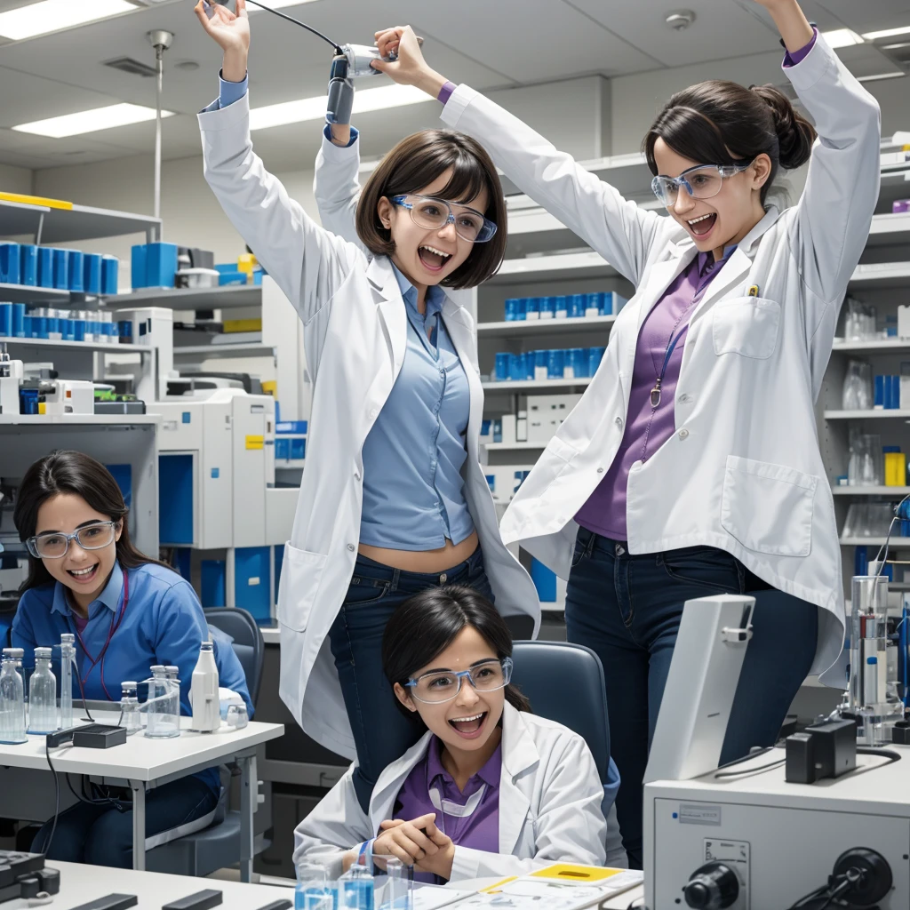 Male and female Scientists in lab are happy and jumping  as they achieve success