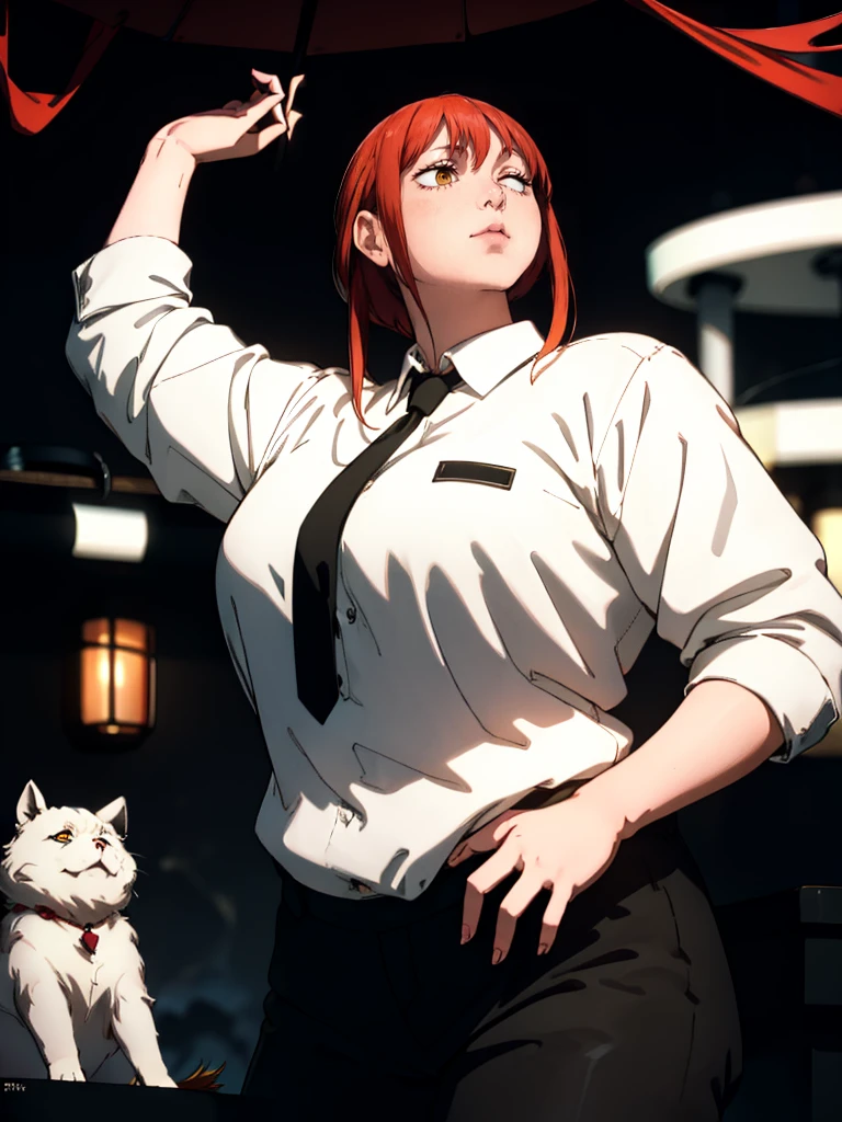 Le personnage Makima de la série animée Chainsaw Man, fragile, obésité morbide, ssbbw, pleine longueur (corps entier 1.1.), fond sombre, obscurité, anatomie correcte 1.1, anatomie correcte de la main, Très féminin, corps gras et rond, grosses Jambes, fesses, beau corps obèse, ventre rond et mou très gras, cheveux roux, Yeux oranges, Cercles rouges pour les écoliers, chemise blanche, jupe noire, cravate noire, pose sexy, réaliste, very détaillé, beau corps, détaillé body, détaillé hands, détaillé, vibrant, détaillé Face, Conception des personnages de Makima. very détaillé, détaillé body, détaillé hands, détaillé Face, Art animé, Hugh Détails, Visage très abattu, détaillé eyes, Illustration ultra fine, Meilleure ombre, détail fin, beautiful détaillé glow, beautiful détaillé, Extraordinairement beau, extremely détaillé, inexpressif, composition épique, Style animé. art animé, Style animé. Jupe noire, chemise blanche, cravatte, pose sexy
