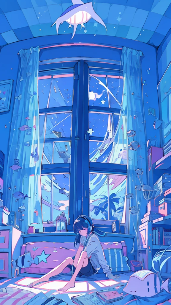 (1 girl)Detailed details, Inside the room, large window, at night, girl sitting on the floor looking at you, headphones, tropical fish floating, star night, stars outside the window, room light shining