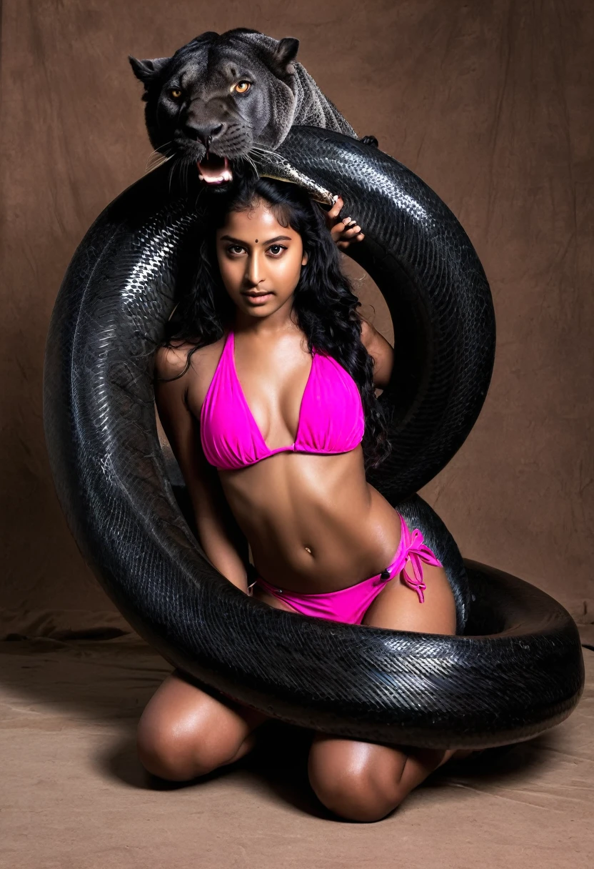 Pink bikini  Happy Horny, aroused 1girl), beautiful kneeling Indian   girl with  giant colossal black titanboa squeezing her hard, wrapped in thick spiraling coils, constricted, struggle, gasping for air, snake attack, snake peril, moonless night, dim light