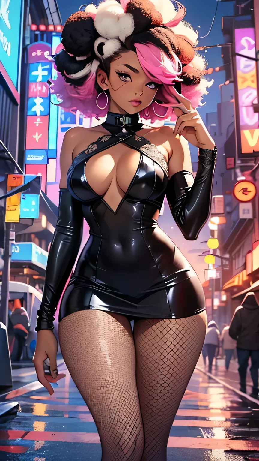 girl spacepunk,(((1girl))),((cute and beautiful afro haired girl)),((((black race)))), (large breasts:1.4),saggy breasts,((((hot pink afro hair:1.35,((afro hair:1.35)),afrohair,afro:1.35,dark hair,black hair,Double hair bun:1.3)))),medium hair,((heterochromia:1.5, (yellow_eye and red_eye))),intricate eyes,beautiful detailed eyes,symmetrical eyes,((fat)),((((tan,dark skin,black skin:1.35,dark-skinned_female,dark skin:1.3,ebony skin,lustrous skin:1.5,bright skin: 1.5,shiny skin,very shiny skin,shiny body,illuminated skin,wet legs)))),(spider lower abdomen,narrow waist,wide hip,athletic body,inflated legs),(((detailed face))), cute,slutty,sensual,seductive look,seductive,erotic,enchanting,((nsfw)), revealing clothing,show skin,(((neon green fishnet dress))),((slave collar)),(((wet clothes,intricate outfit,intricate clothes))), (dynamic pose:1.0),solo focus,embarrassed,(centered,scale to fit dimensions,Rule of thirds), cyberpunk city by the ocean at night, with bright neon signs and dark stormy clouds and puddles, scenery:1.25, artistic photography,(photography taken by sldr),highres, sharp focus, (ultra detailed, extremely detailed), (photorealistic artwork:1.37),(extremely detailed CG unity 8k wallpaper),((synthwave background theme)),(((vibrant colors))),(intricate background),(masterpiece),(best quality),