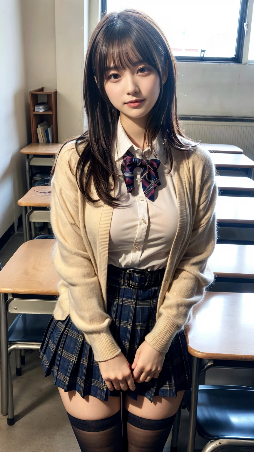 masterpiece, best quality, illustration, Super detailed, fine details, High resolution, 8K,wall paper, perfect dynamic composition,(Details High quality, realistic depiction of eyes:1.3), High School Classroom、High school girl uniform、Cardigan、Super Short Check Uniform Skirt、Navy blue high socks、garterbelts、Colossal tits、Disturbed uniform、short bob hair, black hair color, Big Natural Color Lip, bold sexy pose, (perfect body shape), crying a little、Harajuku style、20 year old girl、cute type, beautiful legs, hposing Gravure Idol, Voluptuous thighs