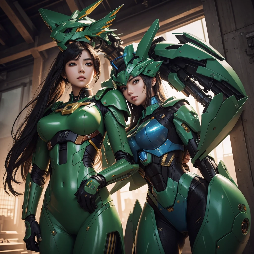((masterpiece, better quality)),illustration,ultra detailed 8k,photorealistic,sharp focus,very detailed,professional lighting,colorful details,iridescent colors BREAK extremely long plan of a factory, little green Dragon glossy, intricate details,shitu-mecha,1girl stands next to Mecha, Gundam, navel, cute, , eyes ultra detailed, cute and just discovering fire
