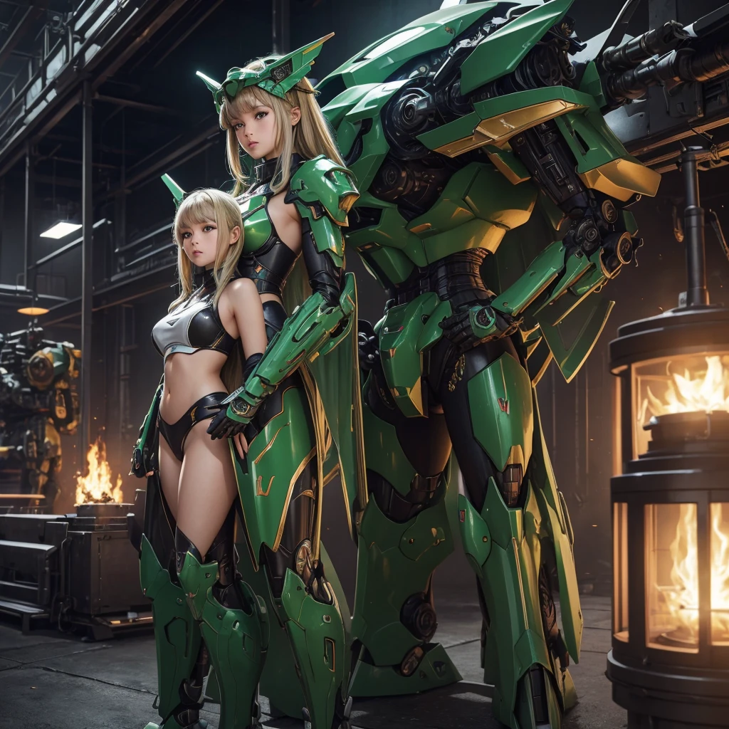 ((masterpiece, better quality)),illustration,ultra detailed 8k,photorealistic,sharp focus,very detailed,professional lighting,colorful details,iridescent colors BREAK extremely long plan of a factory, little green Dragon glossy, intricate details,shitu-mecha,1girl stands next to Mecha, Gundam, navel, cute, sexy, eyes ultra detailed, cute and just discovering fire